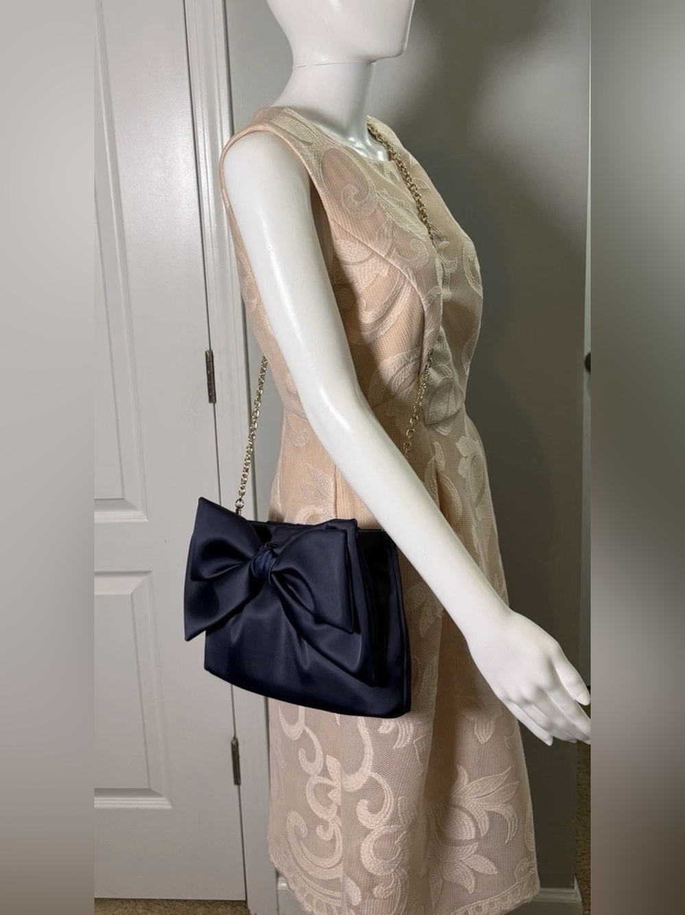 Mark & Graham Navy Satin Bow Crossbody Bag Clutch Purse Convertible - Picture 3 of 16